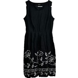 Vintage Barrie Pace Linen Dress Fit & Flare Floral Embroidered Pleated Black 6P